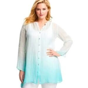 Eileen Fisher 100% Linen Button Down Ombre Dip Dye Tunic Size Small Petite